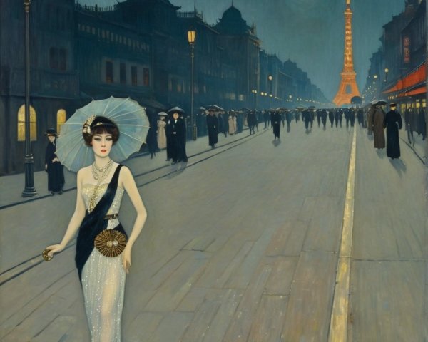 Glamorous Woman in Sparkling Gown on Paris Street