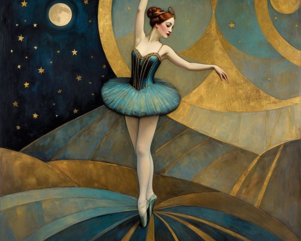 Ballerina in Blue Tutu on Abstract Starry Stage