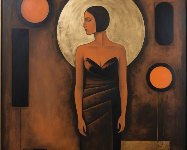 Stylized Female Figure in Dark Dress with Golden Circle