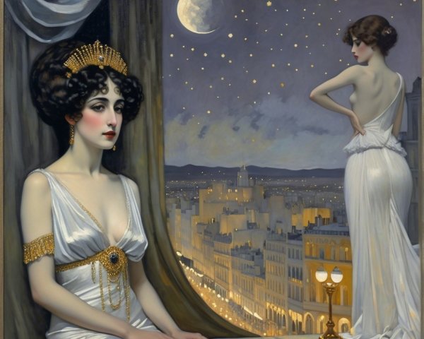 Elegant Figures in White Gowns by a Window at Night