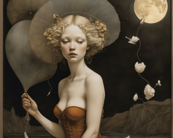 Serene Woman in Orange Gown with Balloons and Moonlight