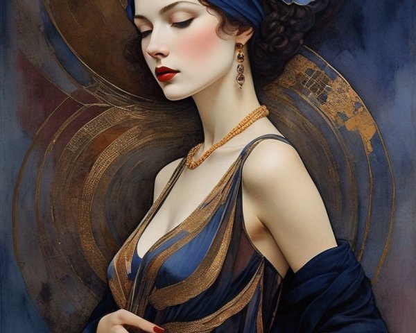Elegant Portrait of Woman in Blue Headscarf and Gown