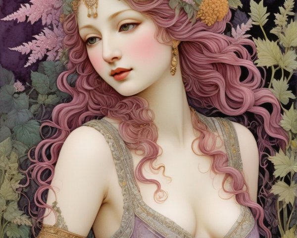 Woman with Pink Hair in Floral Headpiece and Purple Dress