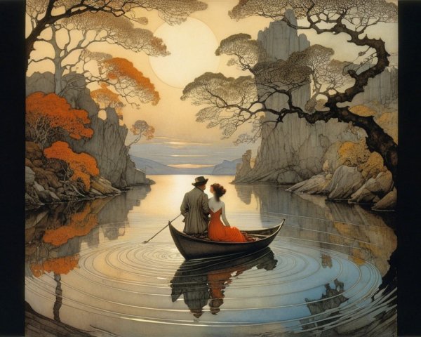 Couple in Boat on Tranquil Lake with Autumn Landscape