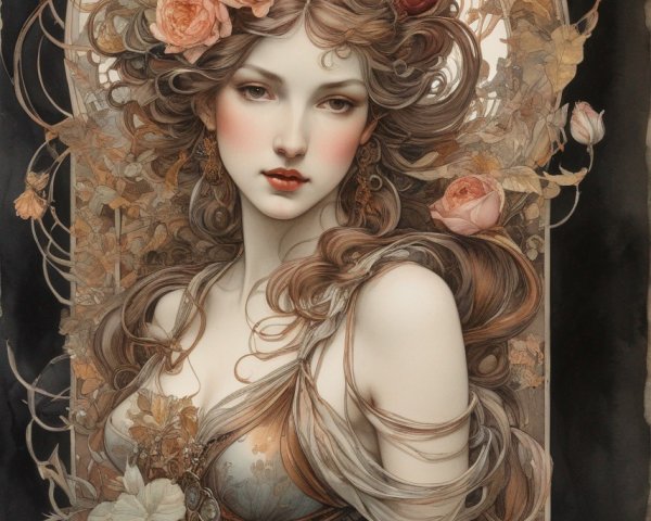 Illustrated woman with roses in vintage style illustration