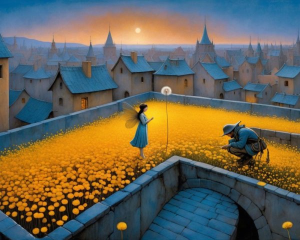 Fairy Reading in a Vibrant Rooftop Flower Garden