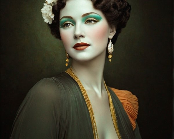 Vintage-inspired woman in bold green makeup and elegant attire.
