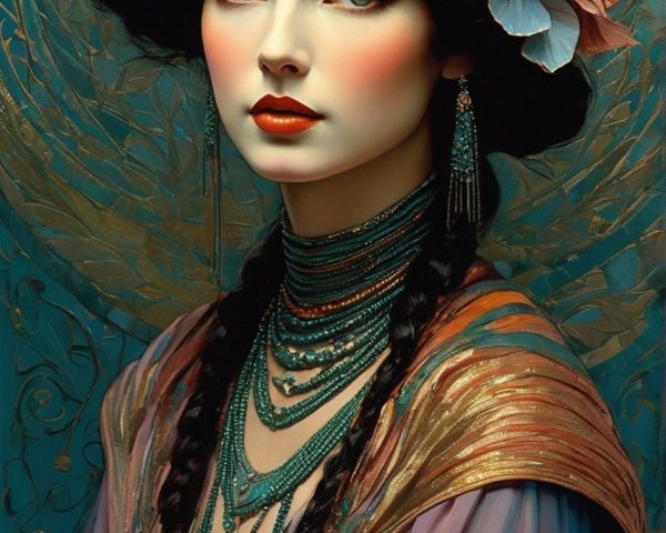 Portrait of a woman with pale skin, dark hair, blue jewels, golden shawl, and be