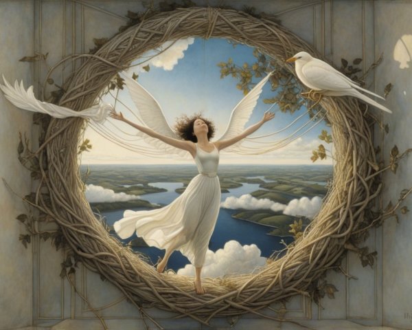 Serene Woman in White Dress Surrounded by Doves