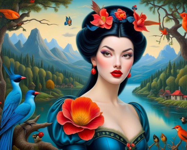 Stylized woman in blue dress with floral hair decorations among birds and serene lake landscape