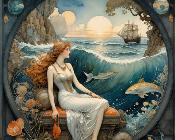 Woman in White Gown by Ocean at Sunset