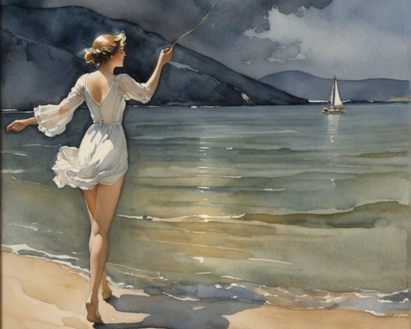 Young Woman in White Dress at Dusk on Beach