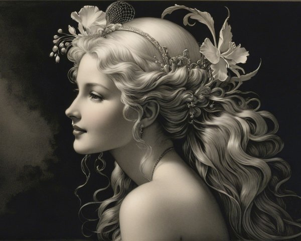 Side Profile of a Woman with Flowing Hair and Flowers