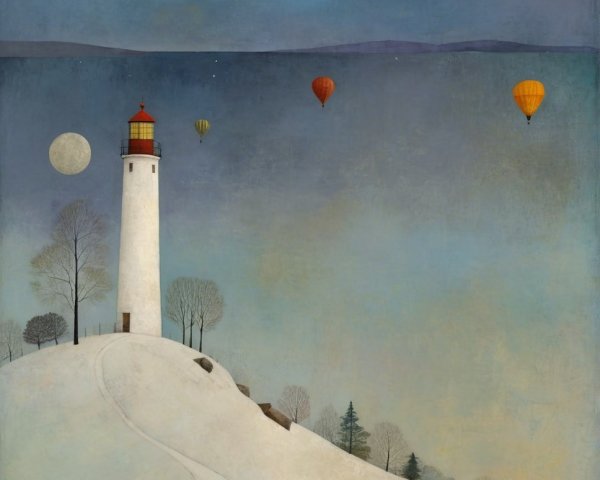 Winter Landscape with Lighthouse and Hot Air Balloons