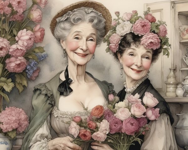 Elegant Women with Bouquets in Vintage Floral Setting