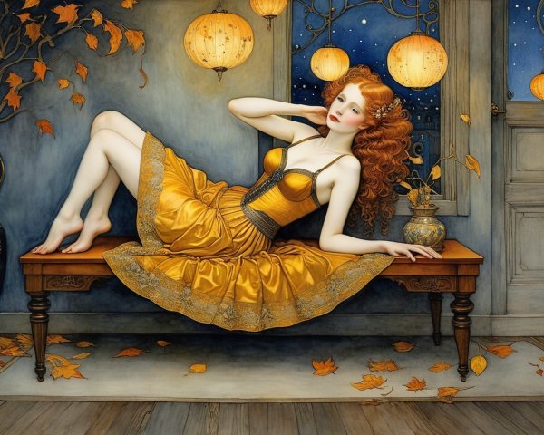 Whimsical Scene of Woman in Yellow Dress with Lanterns