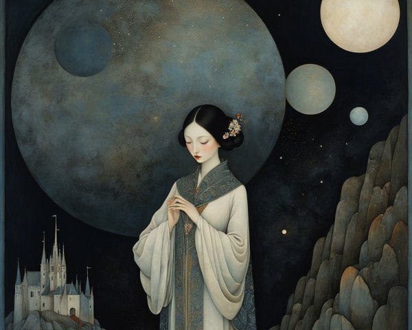 Fantastical Painting of Woman with Moons and Castle
