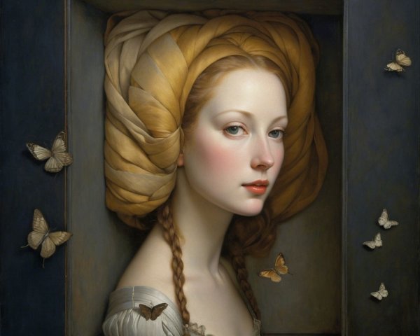 Serene portrait of a young woman with butterflies