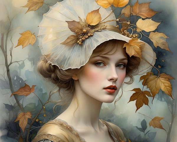 Graceful Woman in Leaf Hat Amidst Autumn Foliage