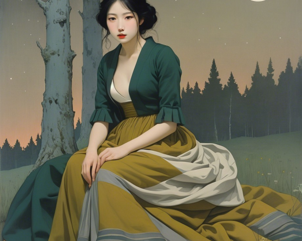 Serene Woman in Moonlit Forest Landscape