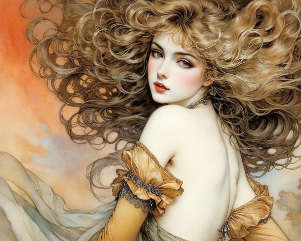 Portrait of a woman with curly blonde hair and dress