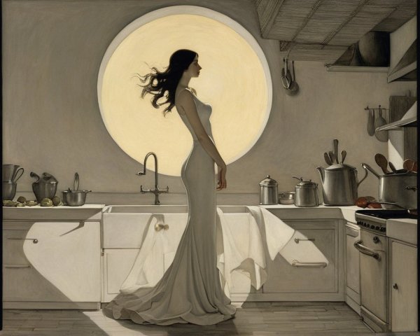 Serene Kitchen with Woman in White Dress and Sunlight