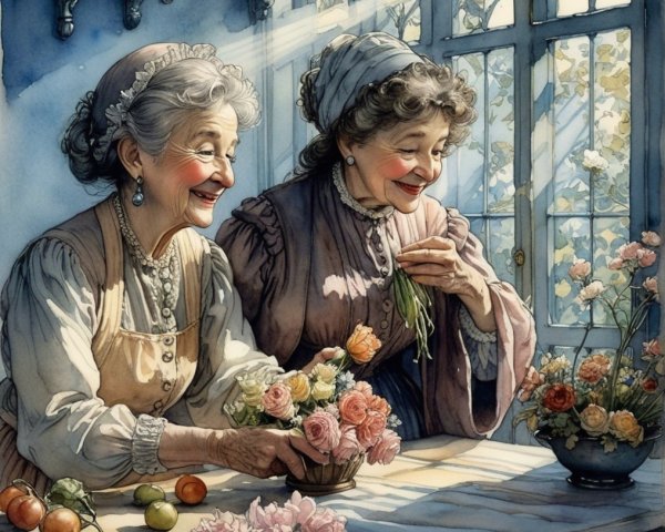Elderly Women Arranging Colorful Flowers in Sunlit Room