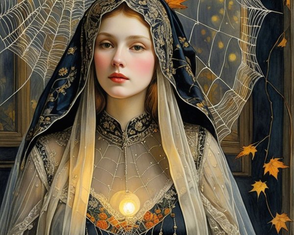 Mystical figure in dark gown with golden spider web motif