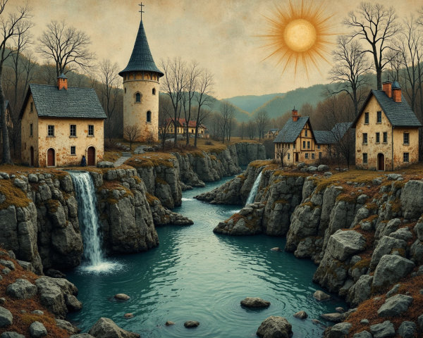 Serene Landscape with Rustic Houses and Waterfalls