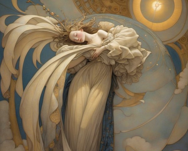 Ethereal figure in flowing garments against golden clouds