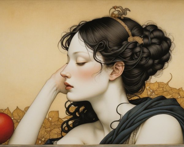 Serene Young Woman with Heart and Autumn Leaves