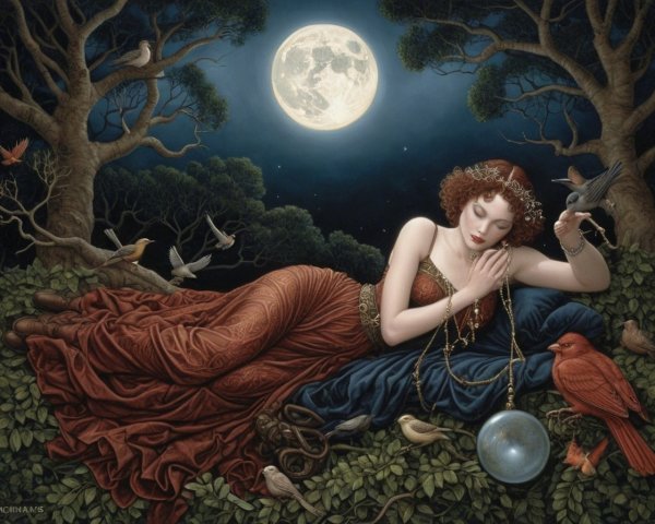 Serene Moonlit Scene with Young Woman in Red Gown