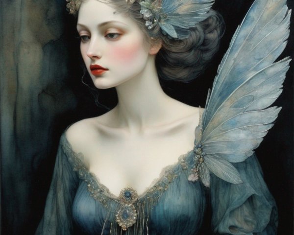 Fairy Figure with Blue Wings and Ethereal Gown