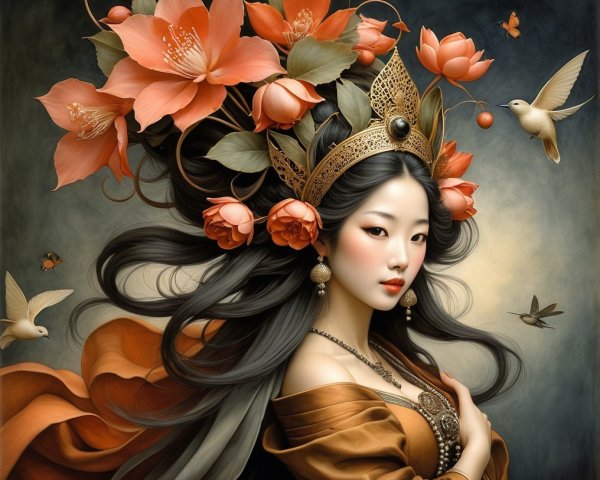 Woman in Floral Crown Surrounded by Butterflies