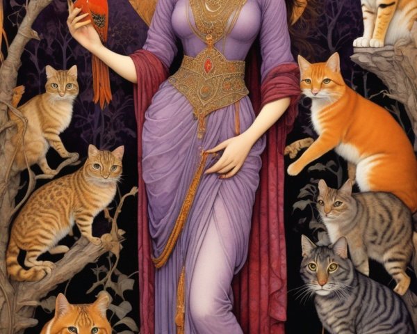 Woman in Purple Dress with Cats and Bird at Night