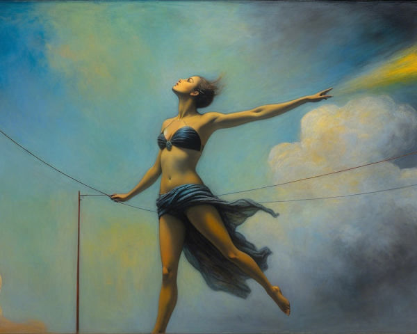 Surreal Painting of Woman Balancing on Wire with Orb