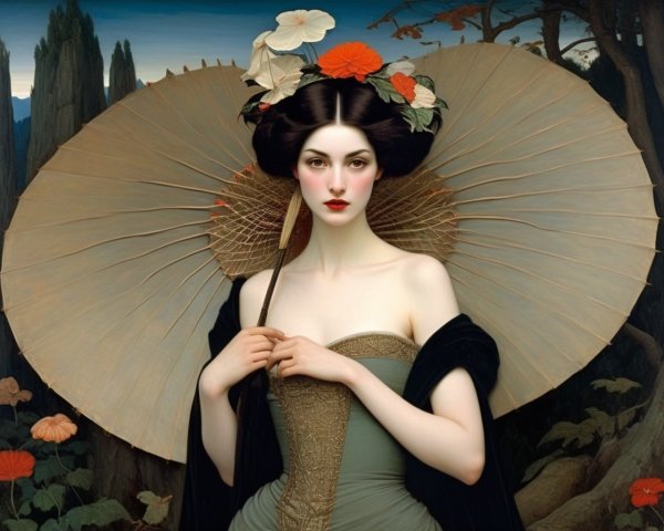 Painting of a woman in a floral headdress with trees