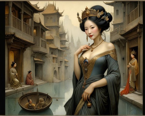 Elegant Woman by Serene Canal in Traditional Setting