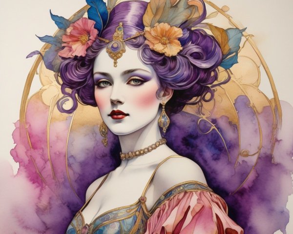 Colorful illustration of a woman with purple hair, adorned with flowers and leaves, wearing a golden head