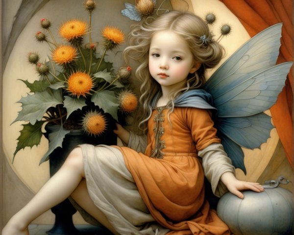 Whimsical fairy girl with blue wings and flowers