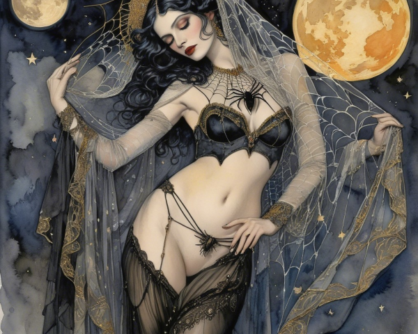 Mysterious Figure in Flowing Fabric Against Night Sky