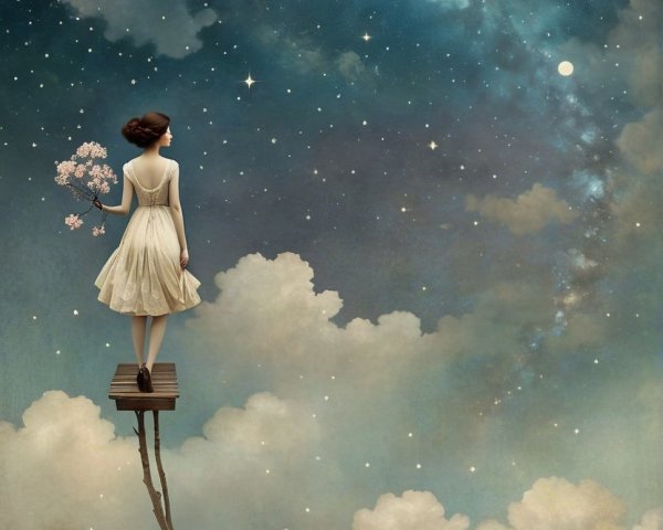 Woman in White Dress Above Clouds with Starry Sky