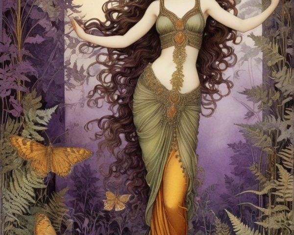 Fantasy Illustration of Woman by Full Moon and Flora