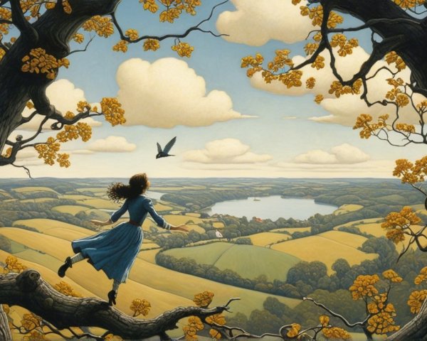 Serene landscape with a girl in a blue dress and nature