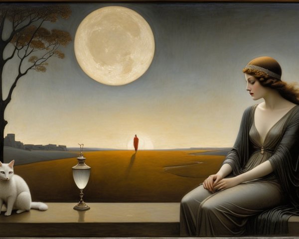 Dreamlike Landscape with Woman, Cat, and Moonlight