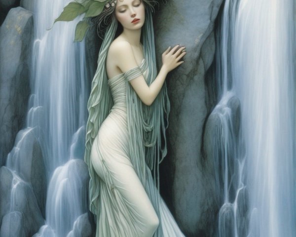 Woman with leafy headwear embracing rock near waterfall in serene illustration