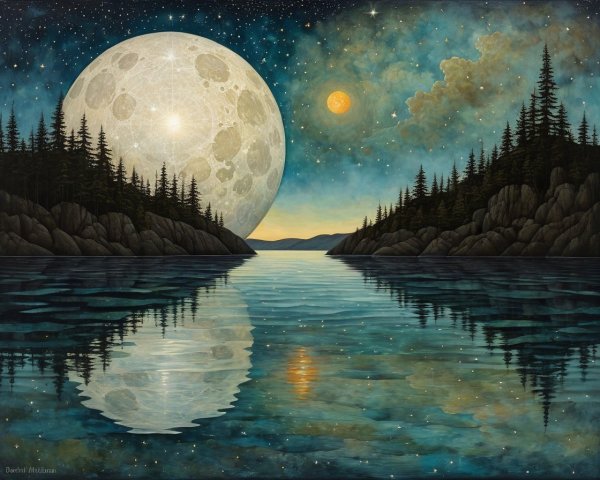 Serene Landscape with Full Moon Over Tranquil Lake