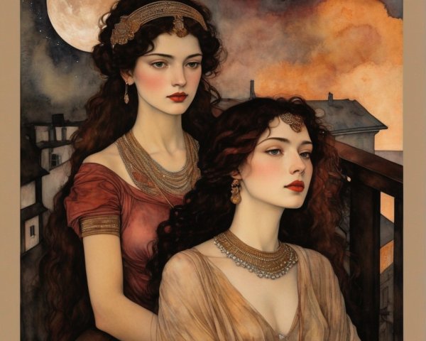 Two women in vintage dresses and ornate jewelry under a moonlit sky.