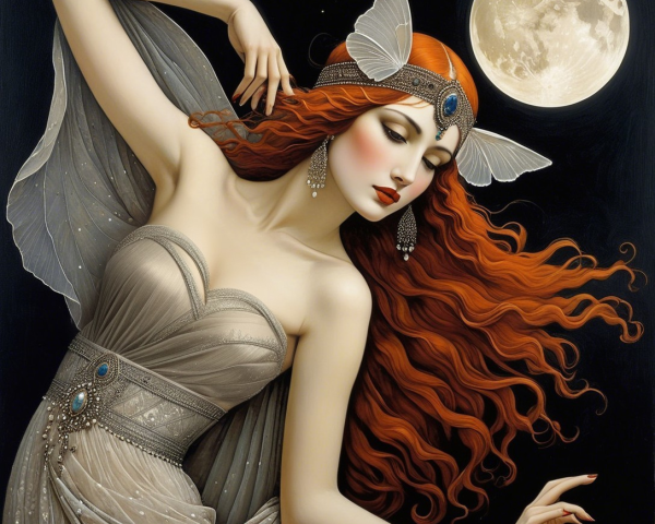 Woman with Red Hair and Butterfly Wings Under Moon