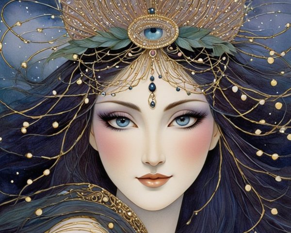 Woman with Ornate Headdress and Jewels on Dark Blue Background